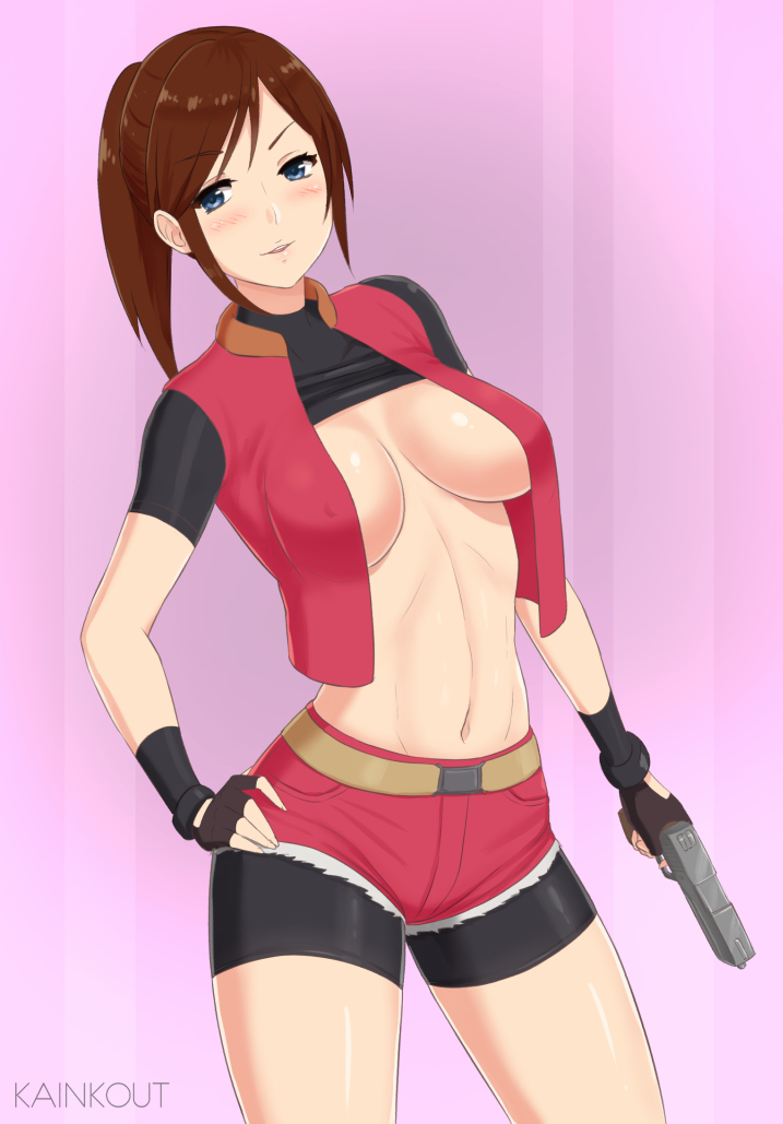 belt bike_shorts blazer blue_eyes blush breasts brown_hair capcom claire_redfield cutoffs denim denim_shorts female fingerless_gloves gloves gun hand_on_hip handgun kainkout long_hair looking_at_viewer navel nipples open_clothes parted_lips ponytail resident_evil resident_evil_2 shorts solo spandex tied_hair weapon