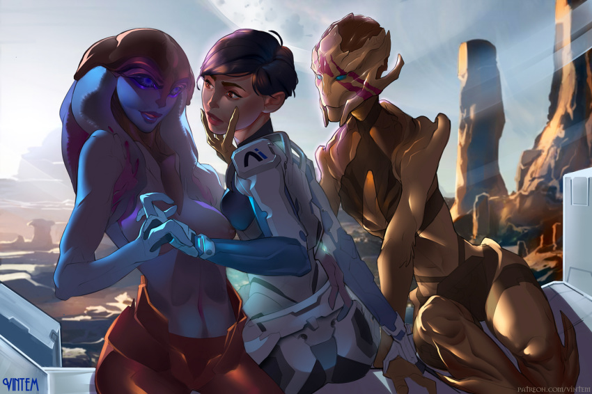 3girls alien angara breasts clothed_female_nude_female female female_only human_on_alien interspecies mass_effect mass_effect_andromeda multiple_girls nipples sara_ryder turian vetra_nyx vintem yuri